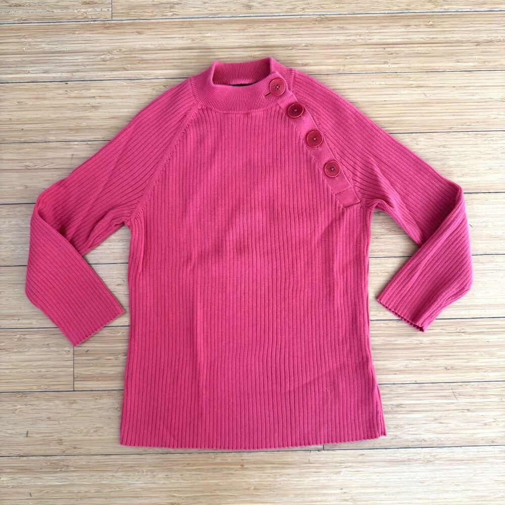 Lauren Ralph Lauren Red Ribbed Mock Neck Button Sweater Medium 100% Cotton